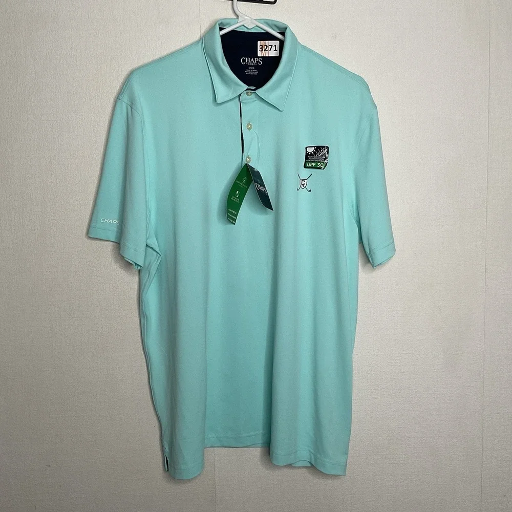 CHAPS Golf Polo Men's Size L  Aruba Blue/Light Turquoise Shorts Sleeve Shirt UPF - Picture 12 of 14